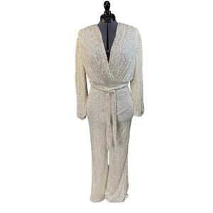 NWT Baltic Born Brussels Sequin Jumpsuit Ivory White Sparkly Holiday Sz L